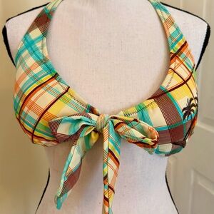 Plaid Tie-Front Bikini Top in Yellow, Teal & Brown
